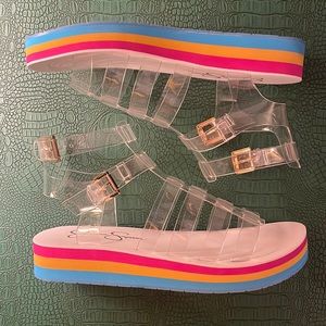 Jessica Simpson “Bimala” rainbow wedge with pvc gladiator upper, size 8